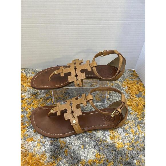 Tory Burch Women’s Sandals Ankle Strap Logo Brown 7.5M EUC Leather - Picture 2 of 9